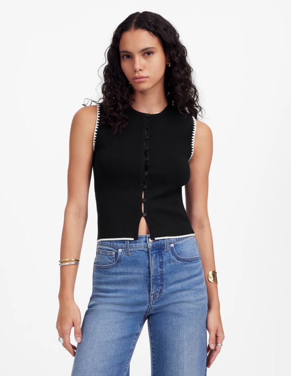 Madewell Blanket-Stitch Crewneck Sweater Tank WMNS S Black White Trim Button Up